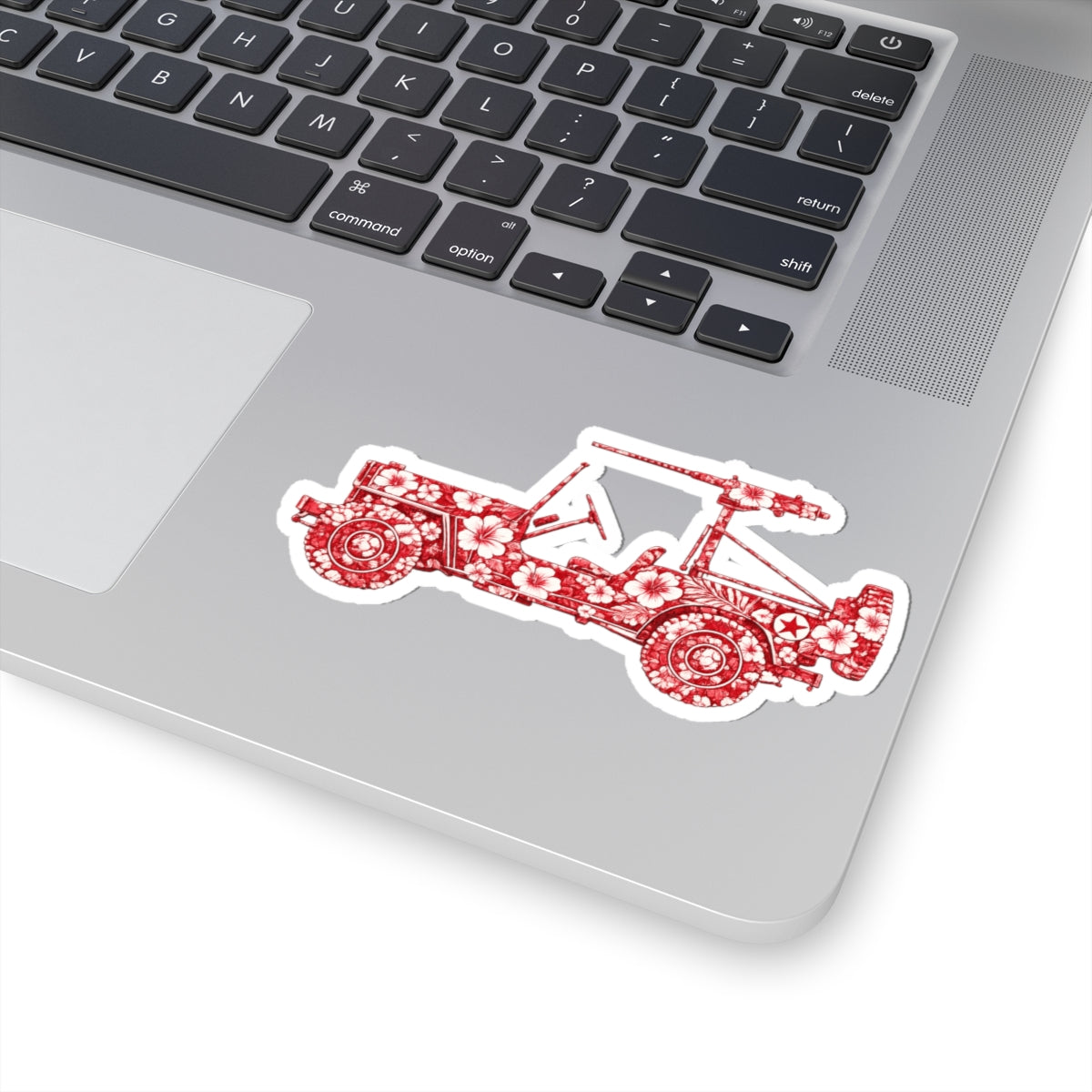 Floral Jeep Sticker — Red Vintage Jeep Kiss-Cut Decal for Laptops, Water Bottles & Notebooks