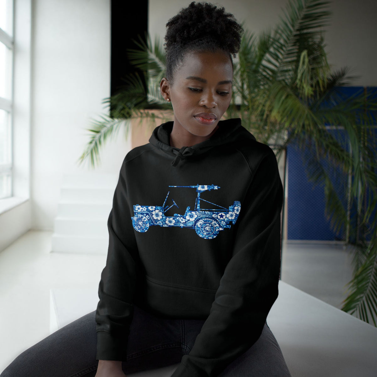 Floral Jeep Hoodie — Blue Floral Off-Road Vehicle Sweatshirt