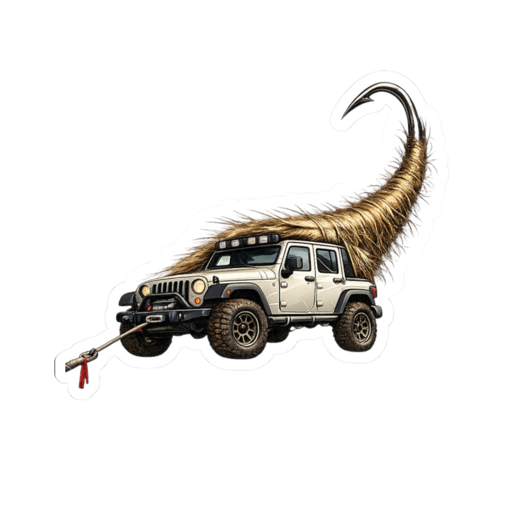 Jeep with Shaggy Tow Rope Sticker — Off‑Road Adventure Kiss-Cut Decal