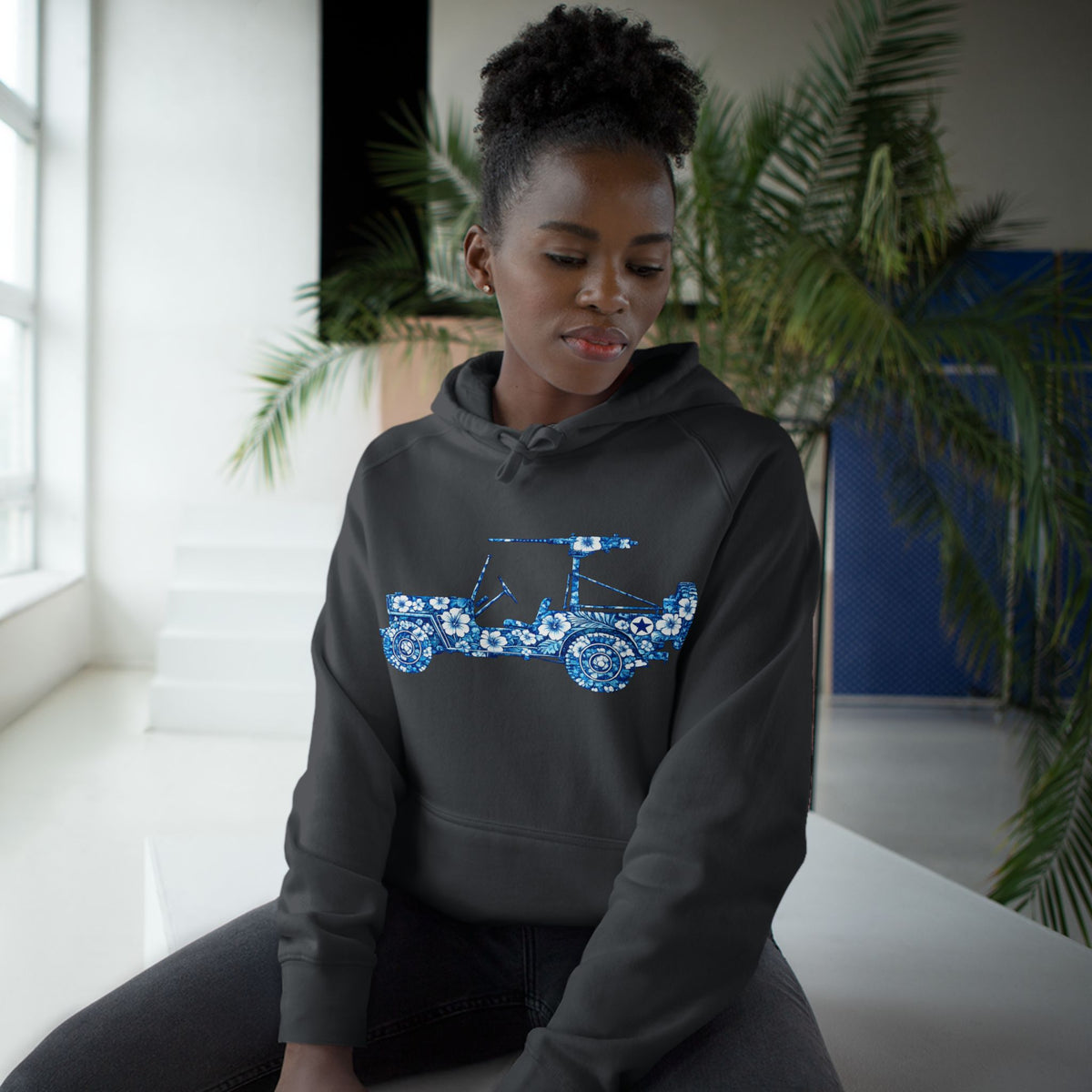Floral Jeep Hoodie — Blue Floral Off-Road Vehicle Sweatshirt