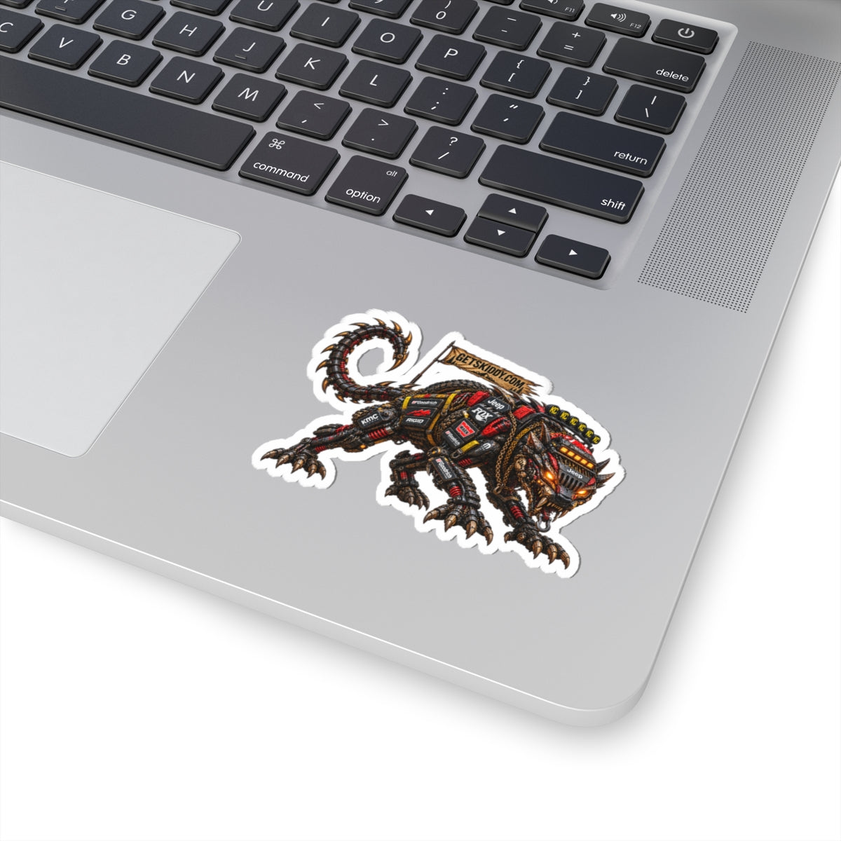 Mechanical Beast Sticker — Industrial Robot Cat Kiss-Cut Decal (GetSkiddy)