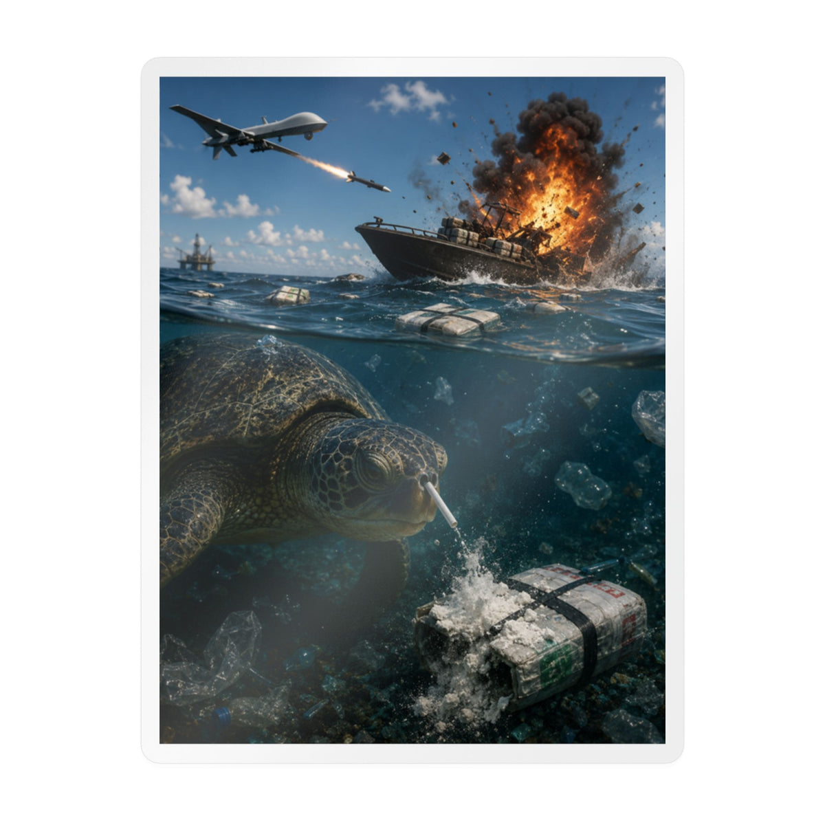 Sea Turtle & Ocean Warfare Vinyl Decal — "Silver Lining" Marine Conservation Sticker
