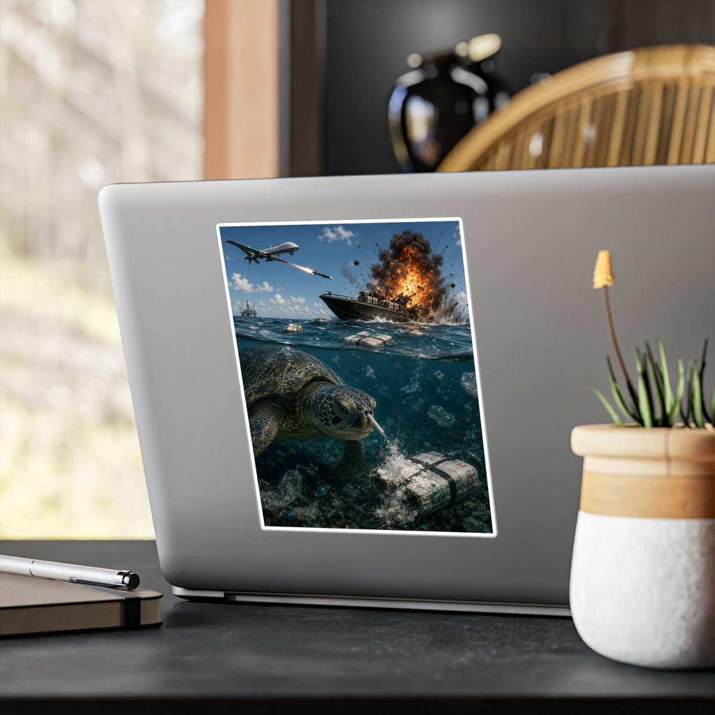 Sea Turtle & Ocean Warfare Vinyl Decal — "Silver Lining" Marine Conservation Sticker