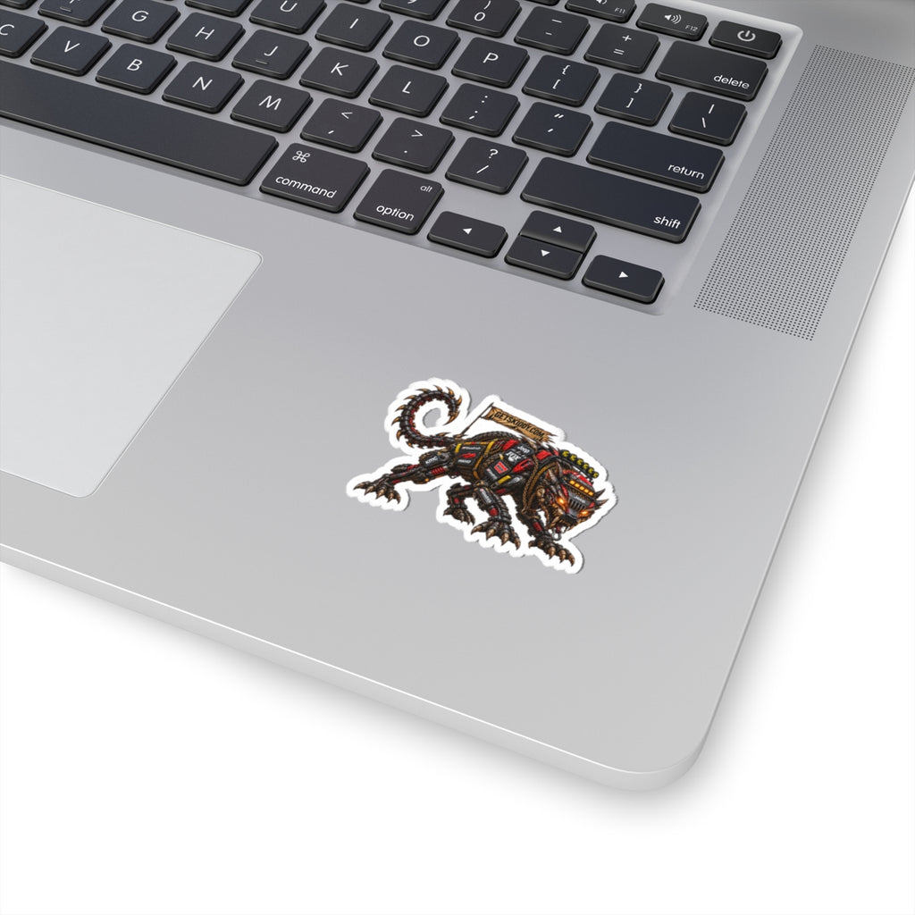 Mechanical Beast Sticker — Industrial Robot Cat Kiss-Cut Decal (GetSkiddy)