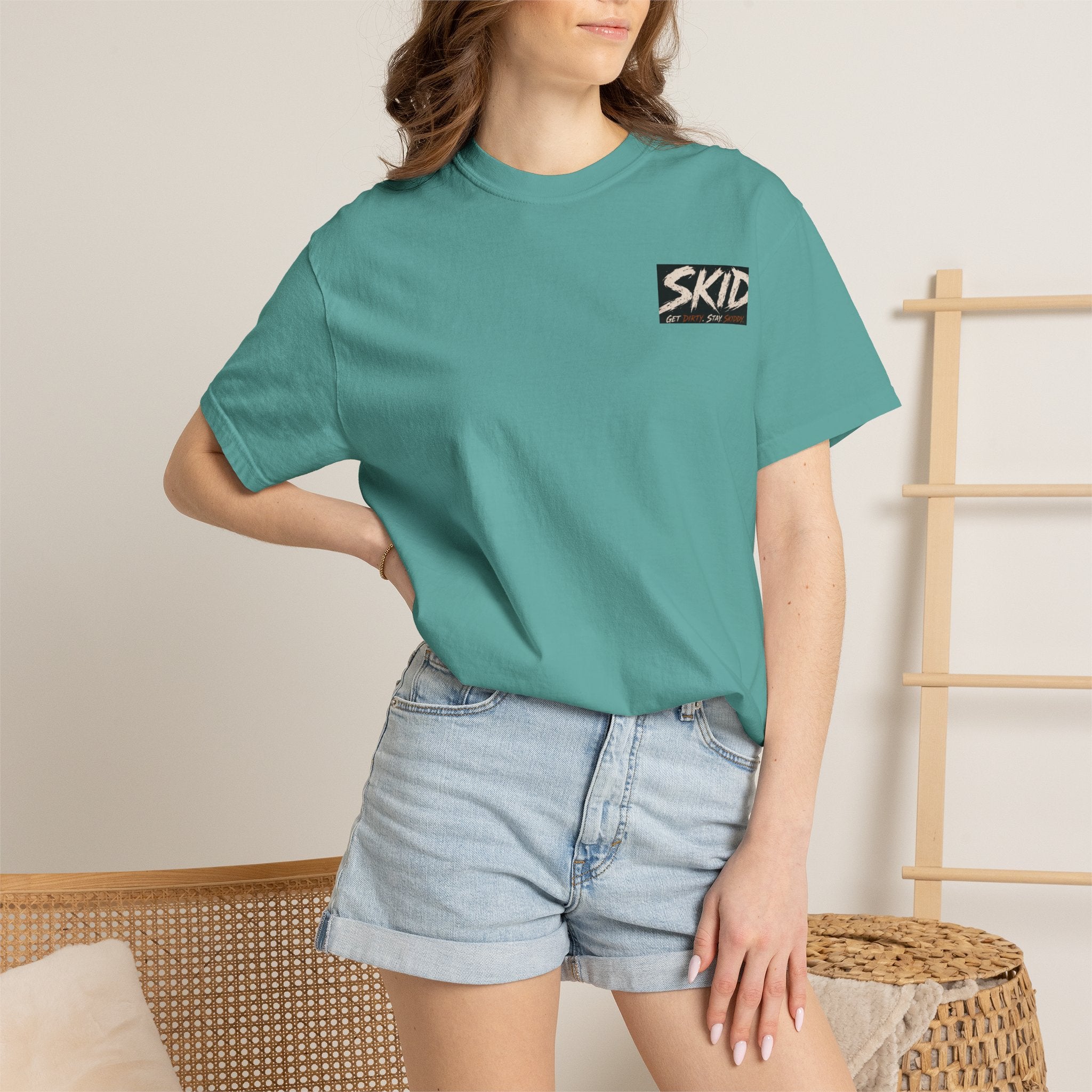 Off-Road Adventure T-Shirt — "SKID" Graphic Tee with Jeep & Forest Scene