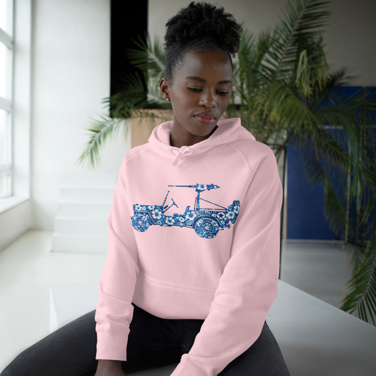 Floral Jeep Hoodie — Blue Floral Off-Road Vehicle Sweatshirt