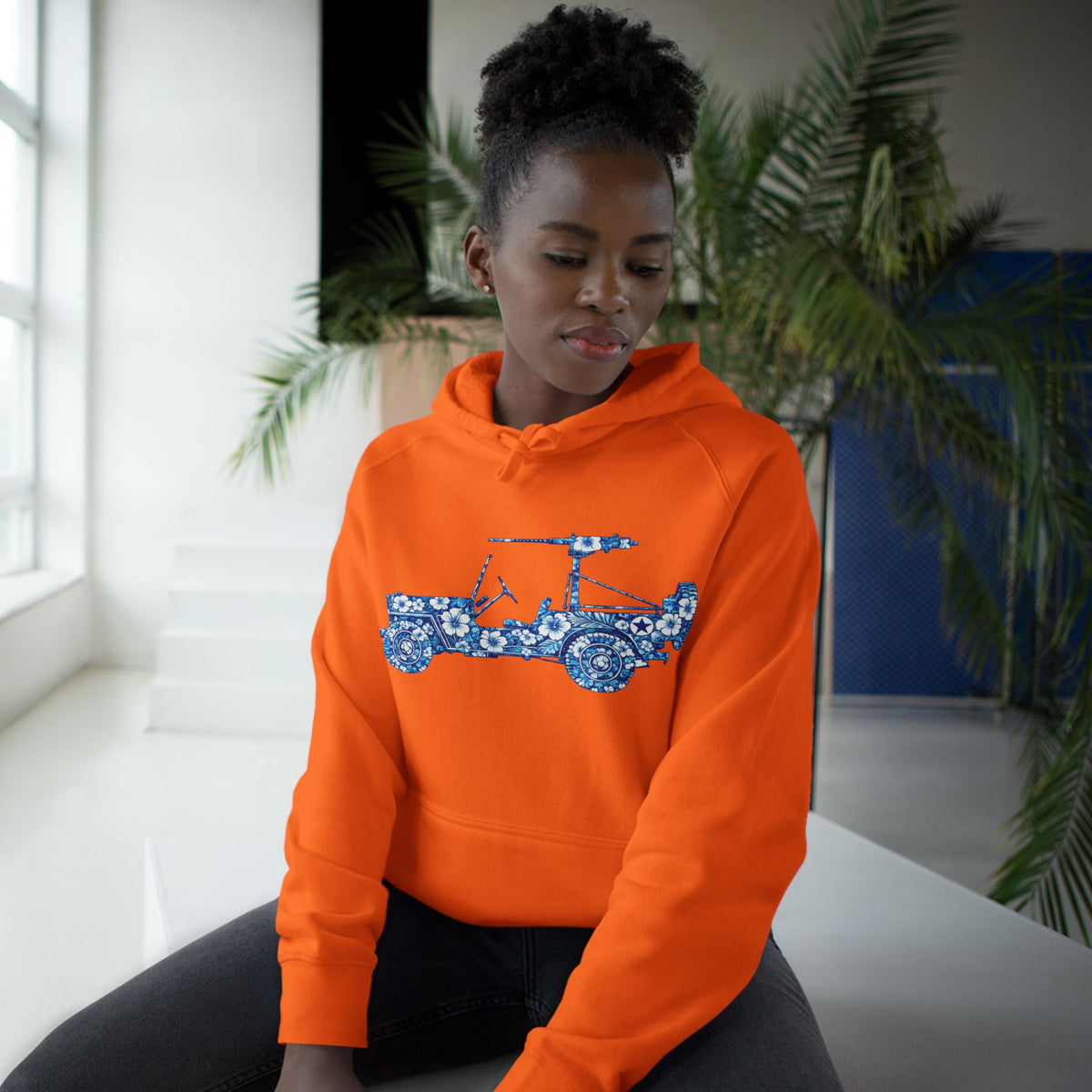 Floral Jeep Hoodie — Blue Floral Off-Road Vehicle Sweatshirt