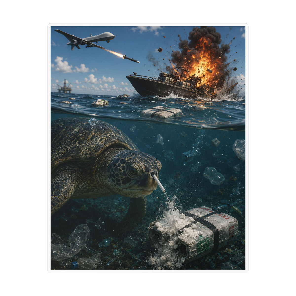 Sea Turtle & Ocean Warfare Vinyl Decal — "Silver Lining" Marine Conservation Sticker