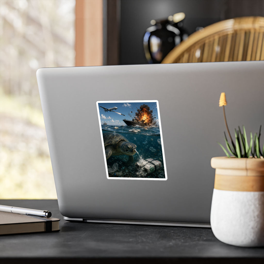 Sea Turtle & Ocean Warfare Vinyl Decal — "Silver Lining" Marine Conservation Sticker