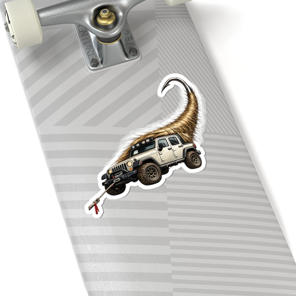 Jeep with Shaggy Tow Rope Sticker — Off‑Road Adventure Kiss-Cut Decal