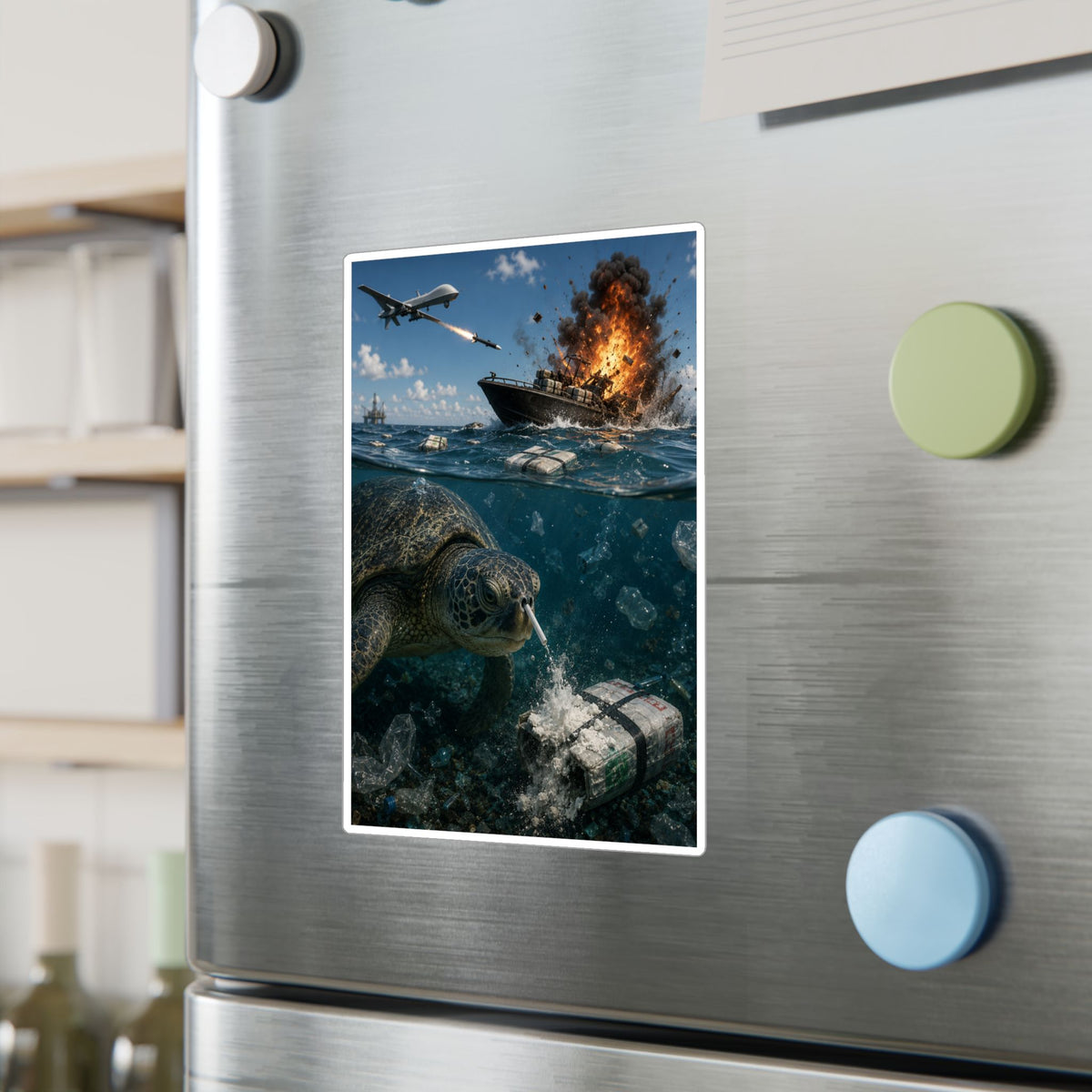 Sea Turtle & Ocean Warfare Vinyl Decal — "Silver Lining" Marine Conservation Sticker