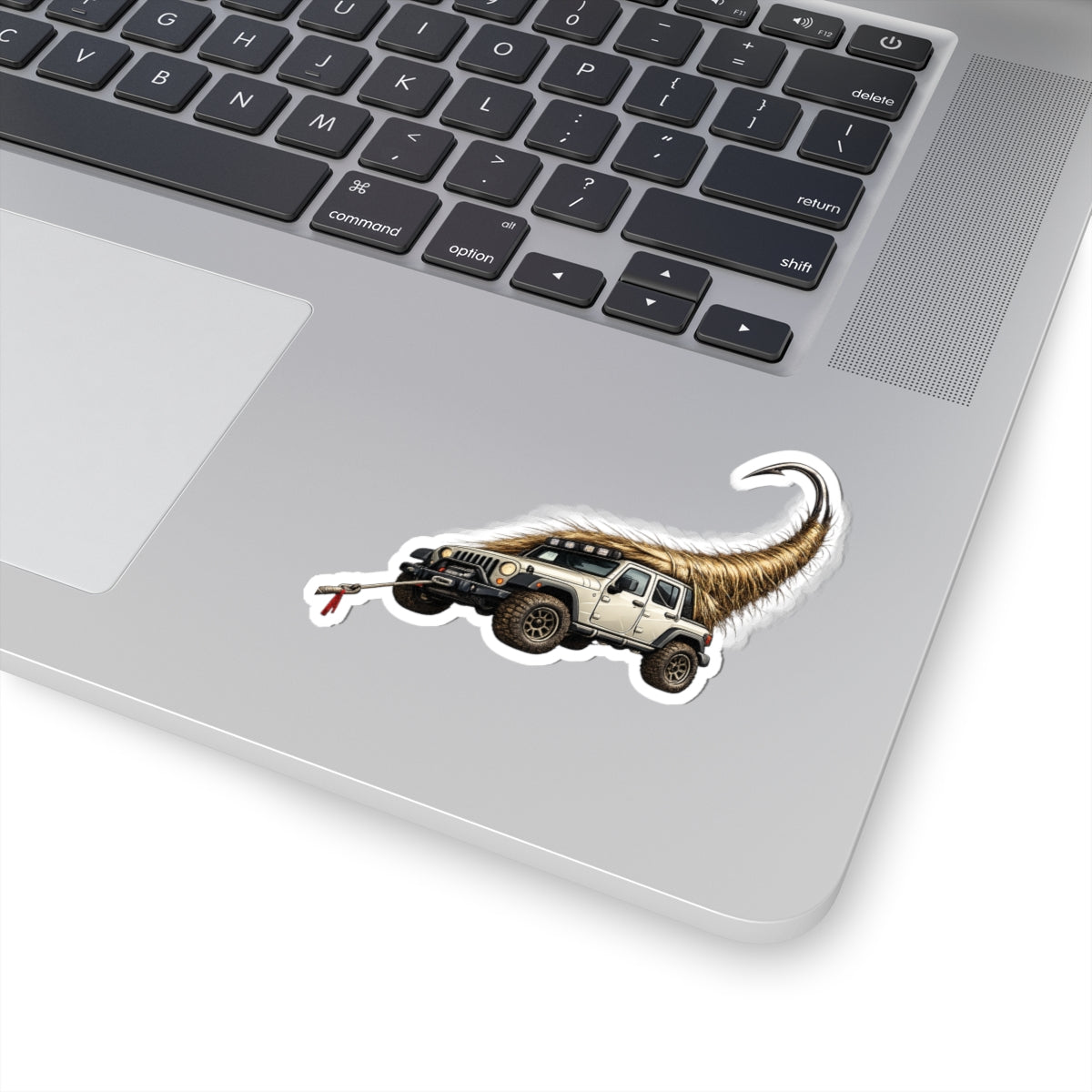 Jeep with Shaggy Tow Rope Sticker — Off‑Road Adventure Kiss-Cut Decal