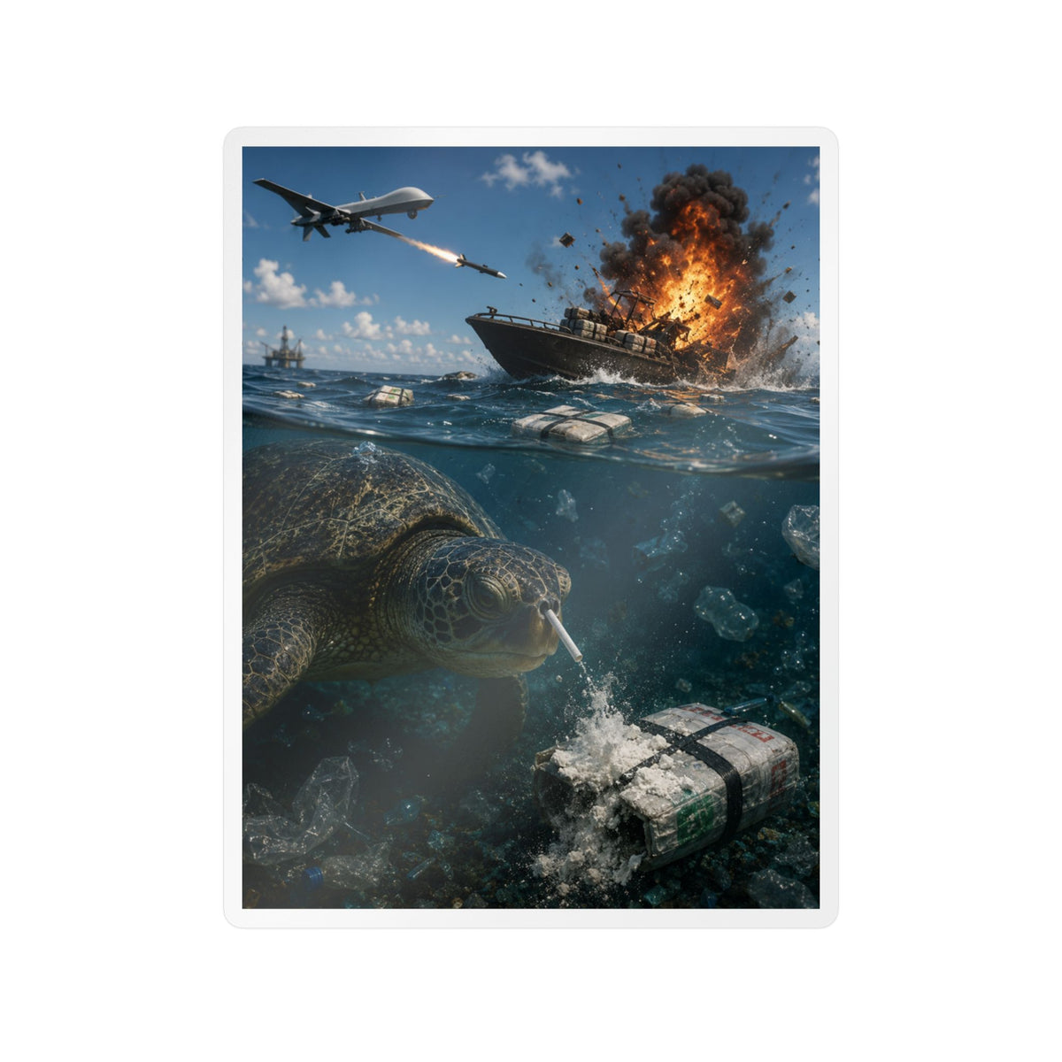 Sea Turtle & Ocean Warfare Vinyl Decal — "Silver Lining" Marine Conservation Sticker