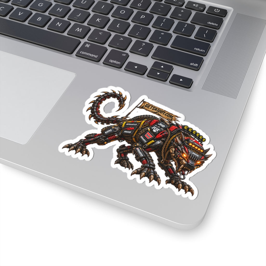 Mechanical Beast Sticker — Industrial Robot Cat Kiss-Cut Decal (GetSkiddy)