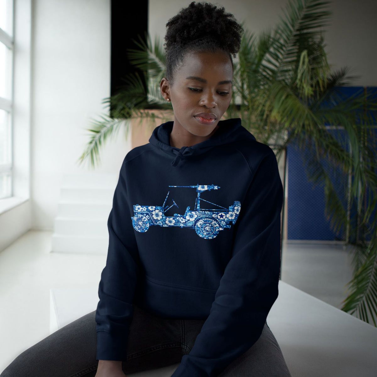 Floral Jeep Hoodie — Blue Floral Off-Road Vehicle Sweatshirt