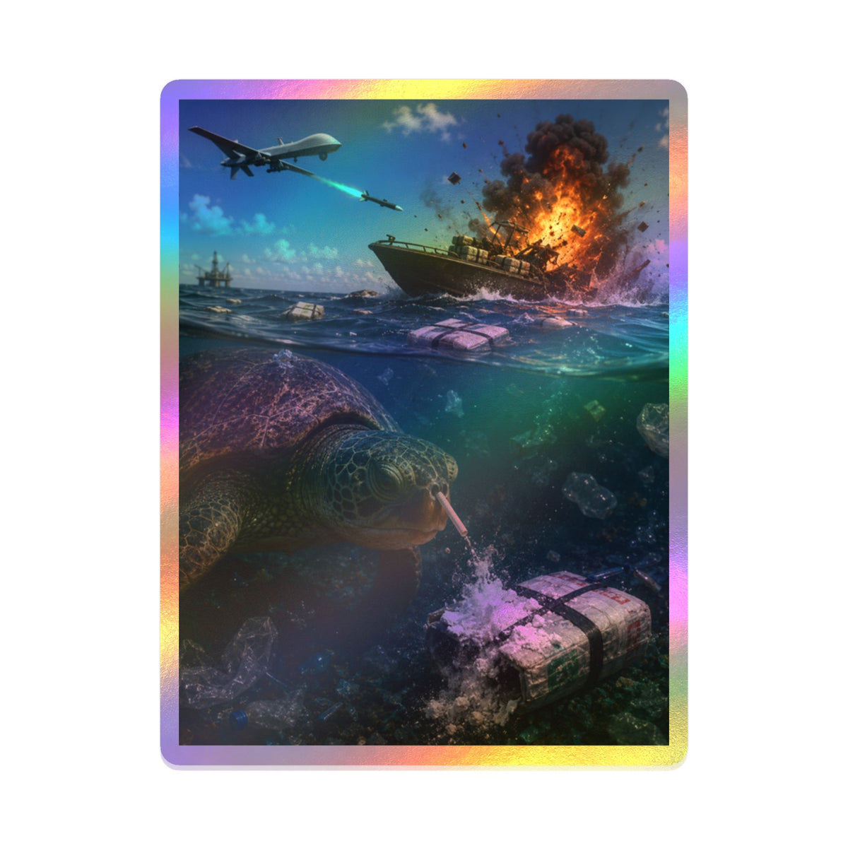 Sea Turtle & Ocean Warfare Vinyl Decal — "Silver Lining" Marine Conservation Sticker