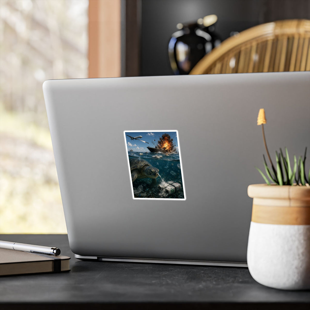 Sea Turtle & Ocean Warfare Vinyl Decal — "Silver Lining" Marine Conservation Sticker