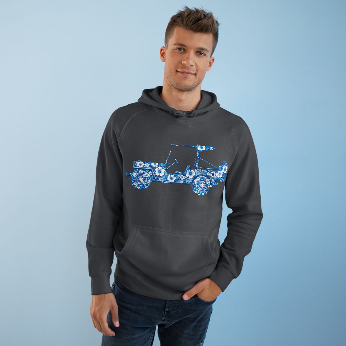 Floral Jeep Hoodie — Blue Floral Off-Road Vehicle Sweatshirt