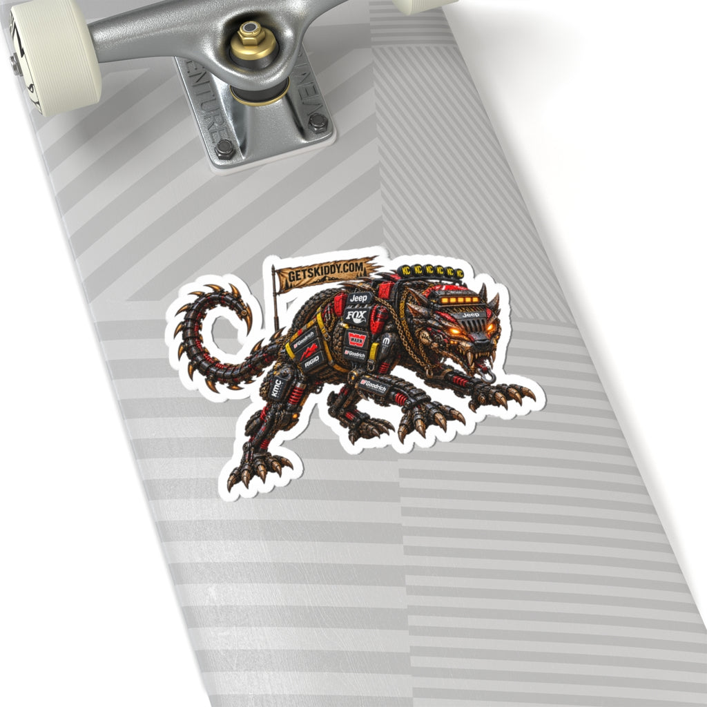 Mechanical Beast Sticker — Industrial Robot Cat Kiss-Cut Decal (GetSkiddy)