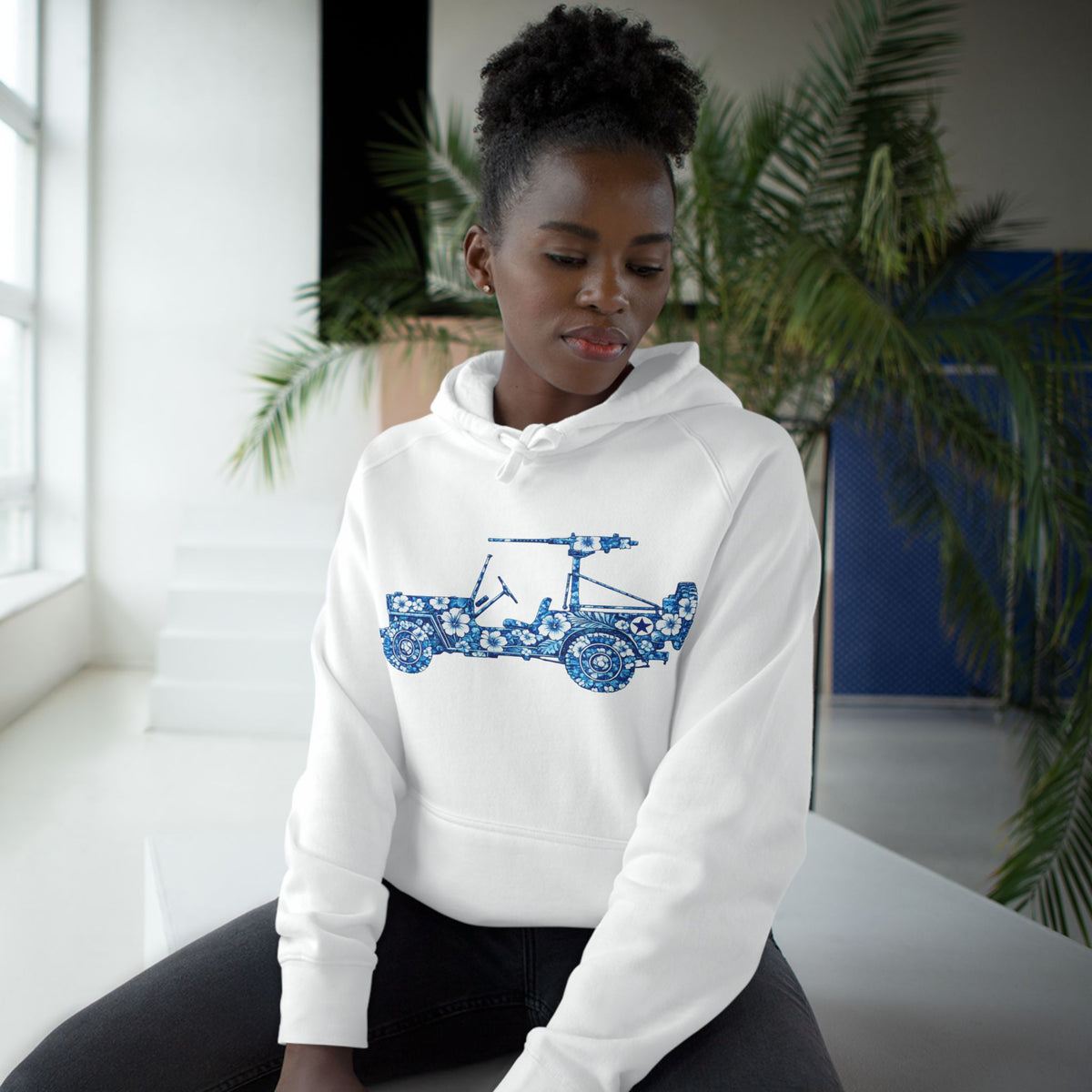 Floral Jeep Hoodie — Blue Floral Off-Road Vehicle Sweatshirt