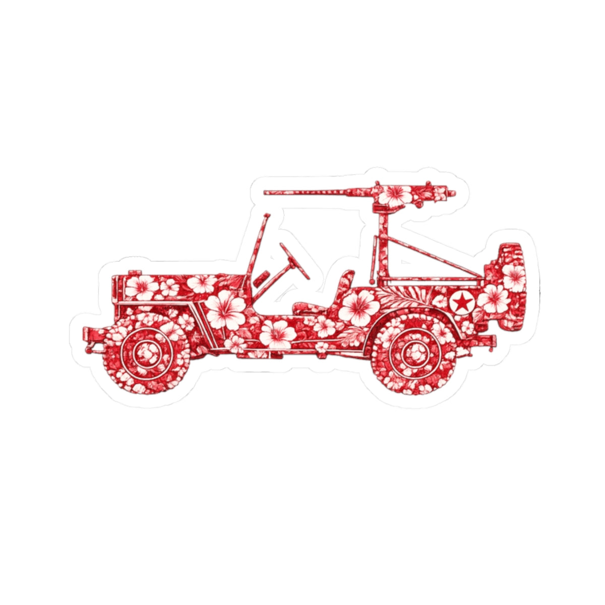 Floral Jeep Sticker — Red Vintage Jeep Kiss-Cut Decal for Laptops, Water Bottles & Notebooks