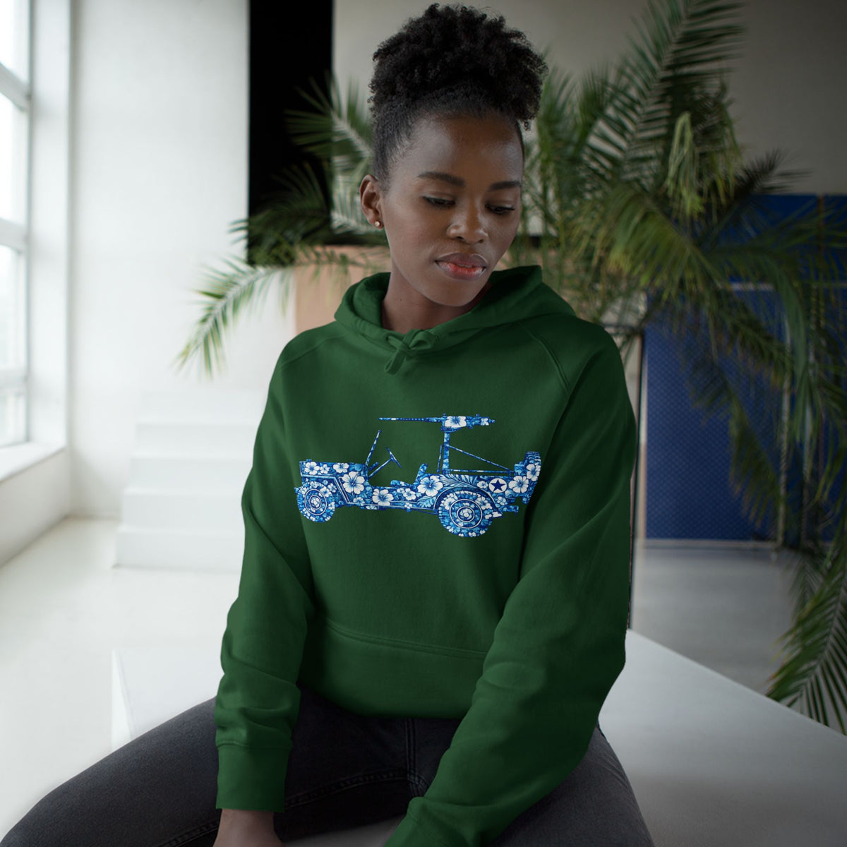 Floral Jeep Hoodie — Blue Floral Off-Road Vehicle Sweatshirt