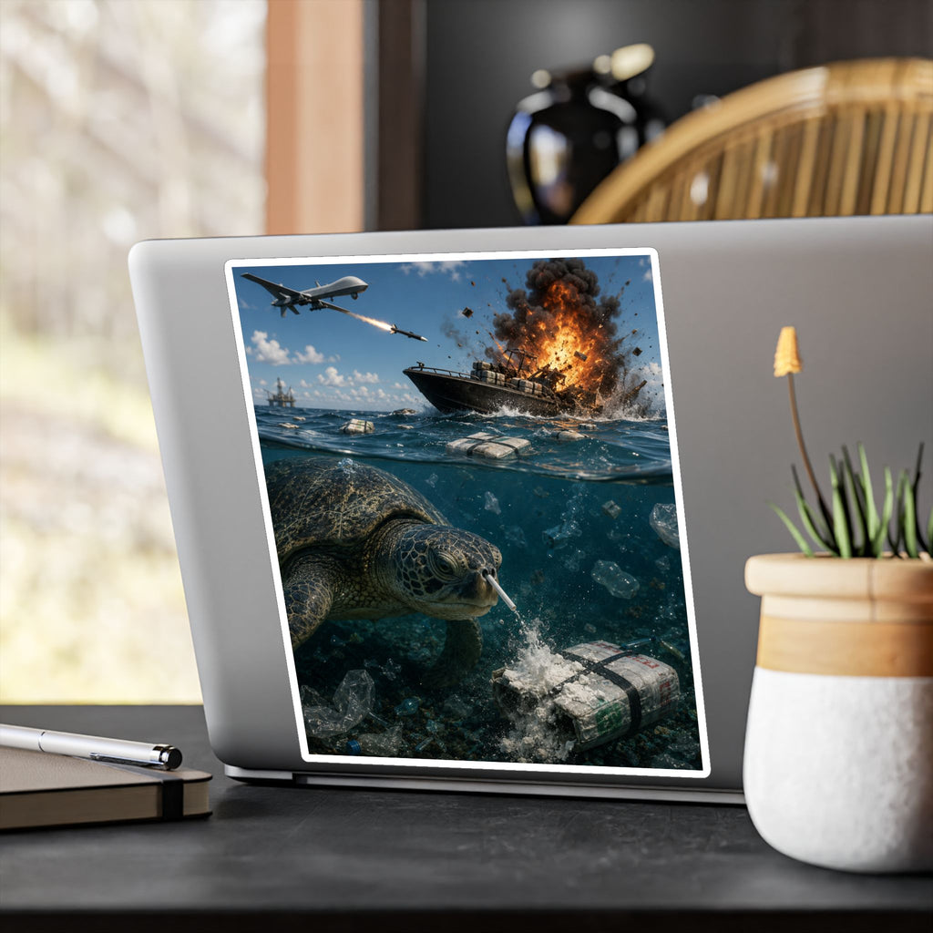 Sea Turtle & Ocean Warfare Vinyl Decal — "Silver Lining" Marine Conservation Sticker
