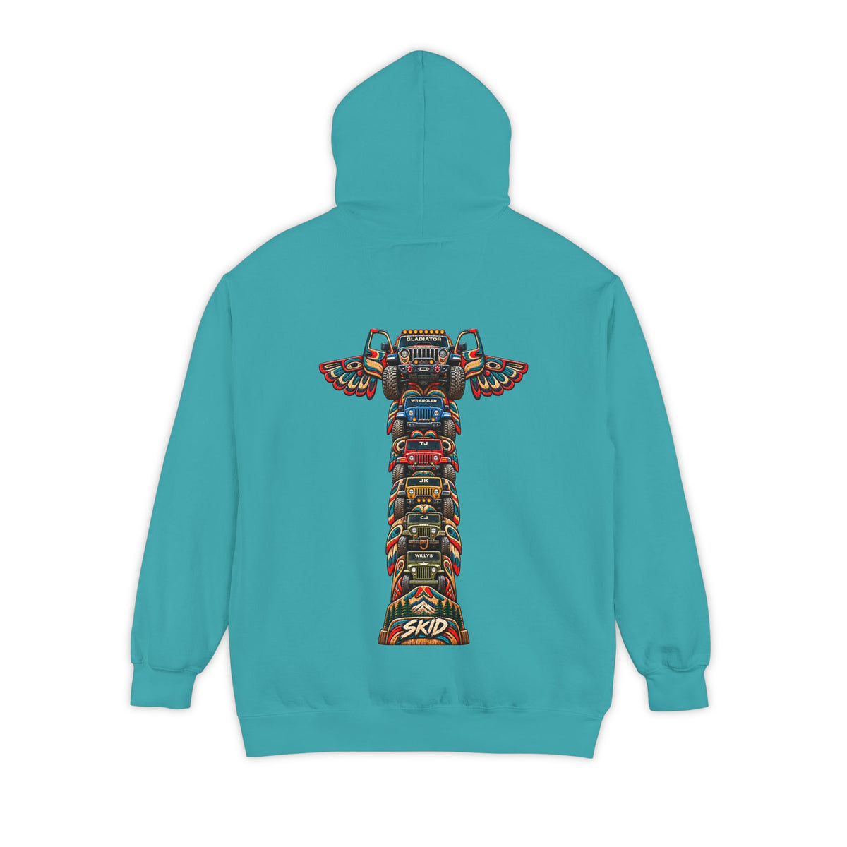 SKID "JEEP Lineage TOTEM" Graphic Hoodie — Pacific Northwest inspired Colorful Pattern Logo Sweatshirt