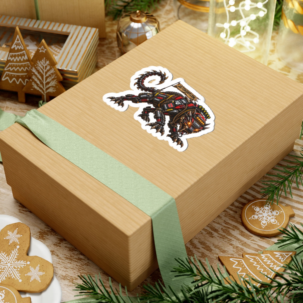 Mechanical Beast Sticker — Industrial Robot Cat Kiss-Cut Decal (GetSkiddy)