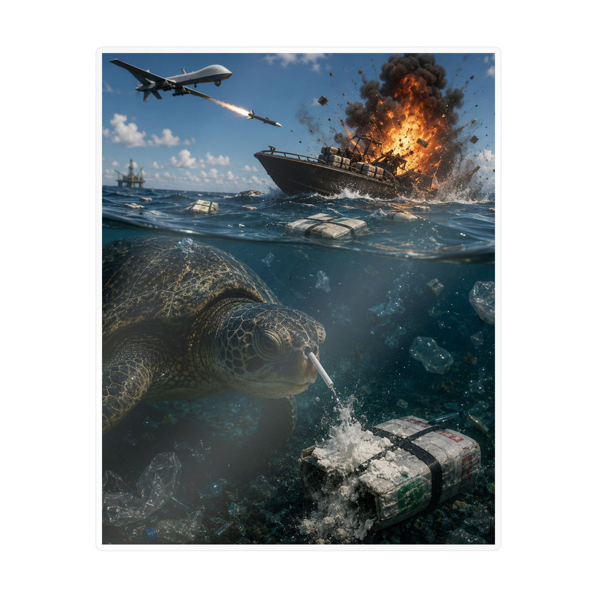 Sea Turtle & Ocean Warfare Vinyl Decal — "Silver Lining" Marine Conservation Sticker