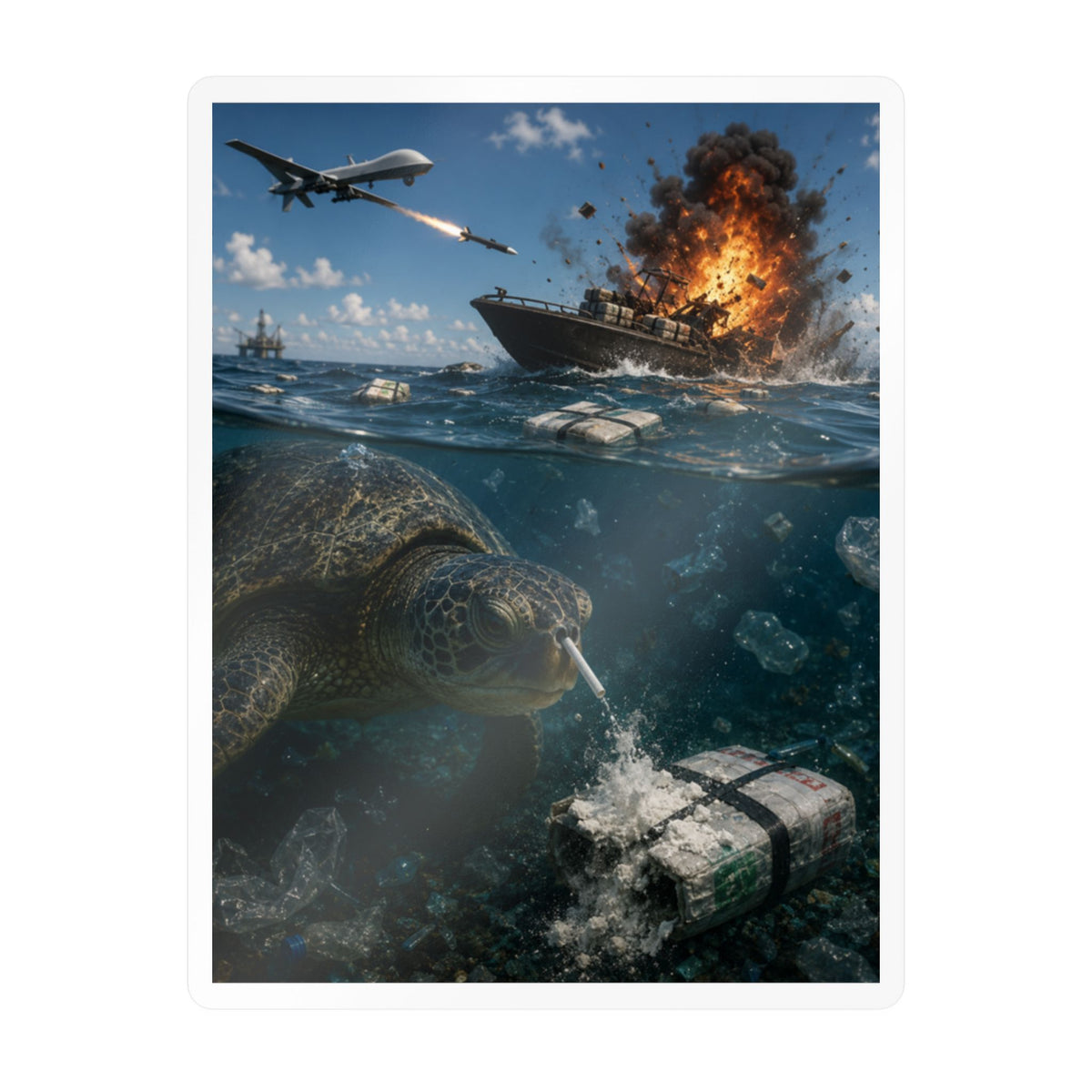Sea Turtle & Ocean Warfare Vinyl Decal — "Silver Lining" Marine Conservation Sticker