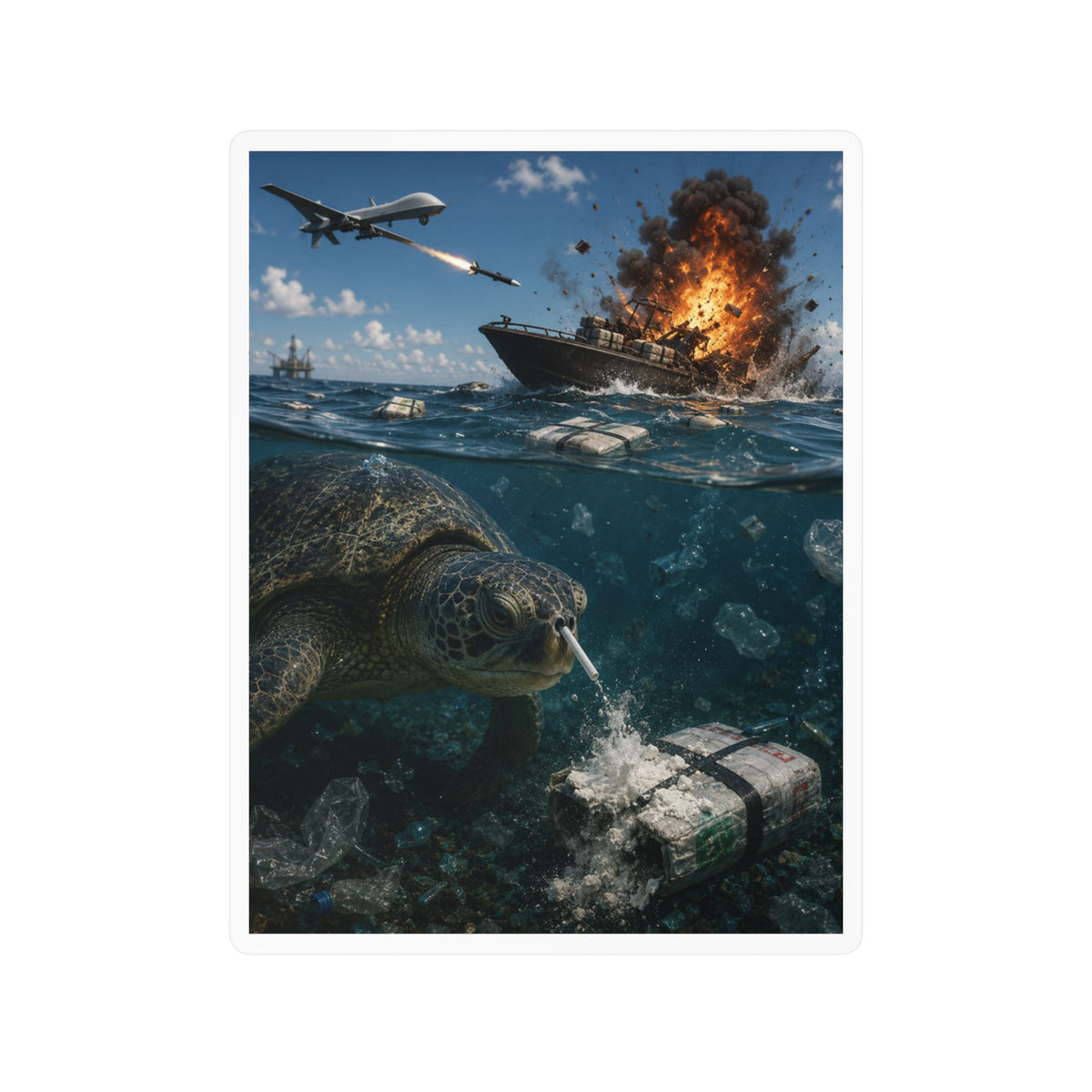 Sea Turtle & Ocean Warfare Vinyl Decal — "Silver Lining" Marine Conservation Sticker