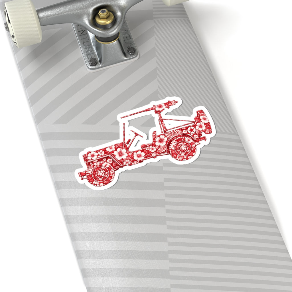 Floral Jeep Sticker — Red Vintage Jeep Kiss-Cut Decal for Laptops, Water Bottles & Notebooks