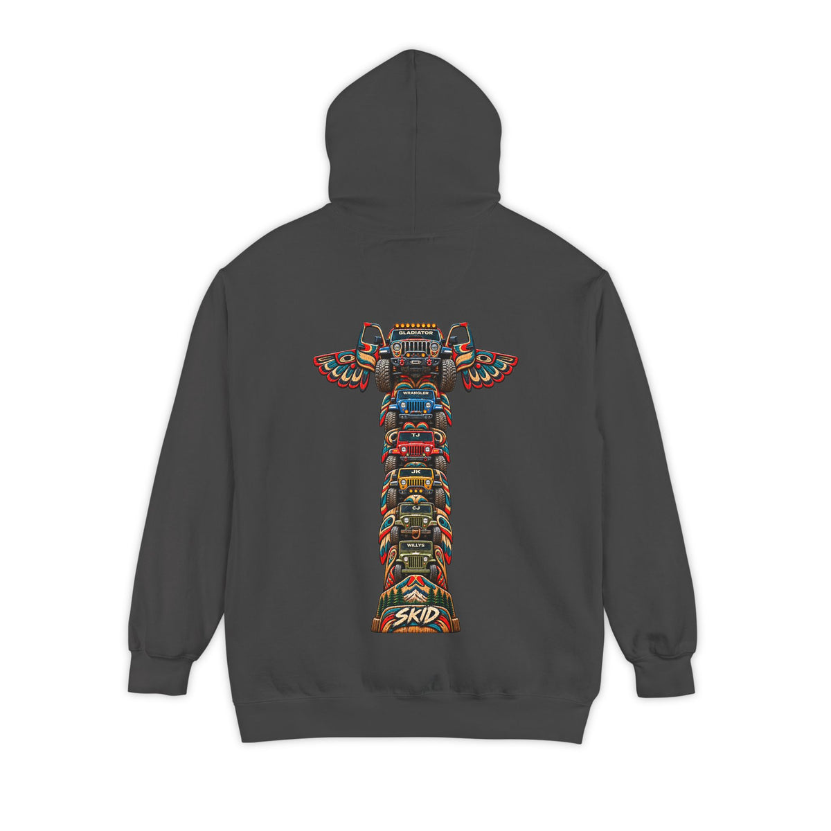 SKID "JEEP Lineage TOTEM" Graphic Hoodie — Pacific Northwest inspired Colorful Pattern Logo Sweatshirt