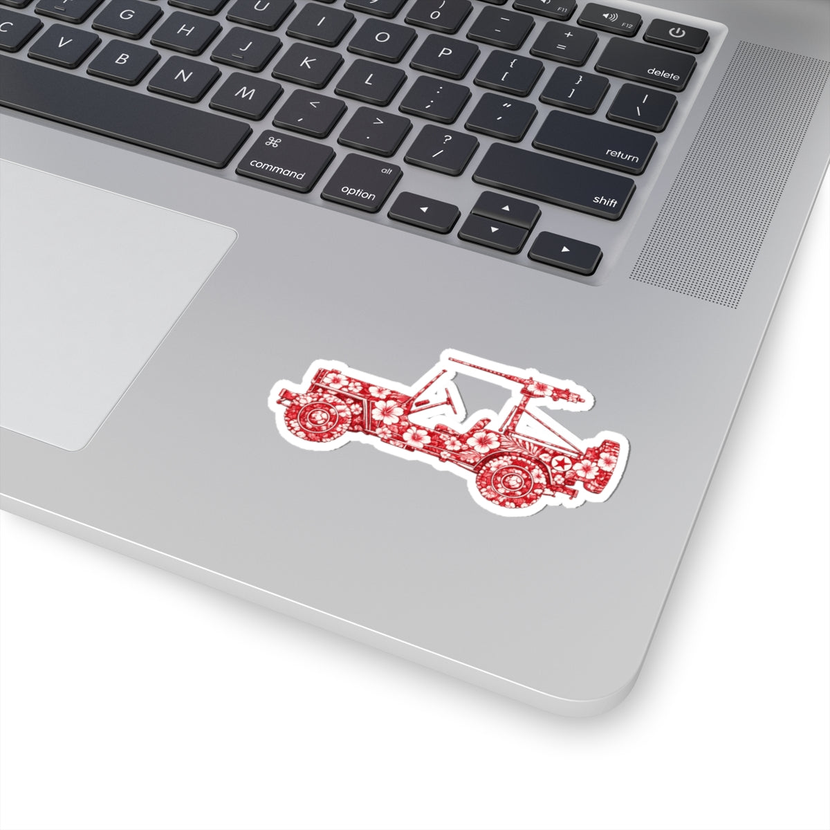 Floral Jeep Sticker — Red Vintage Jeep Kiss-Cut Decal for Laptops, Water Bottles & Notebooks