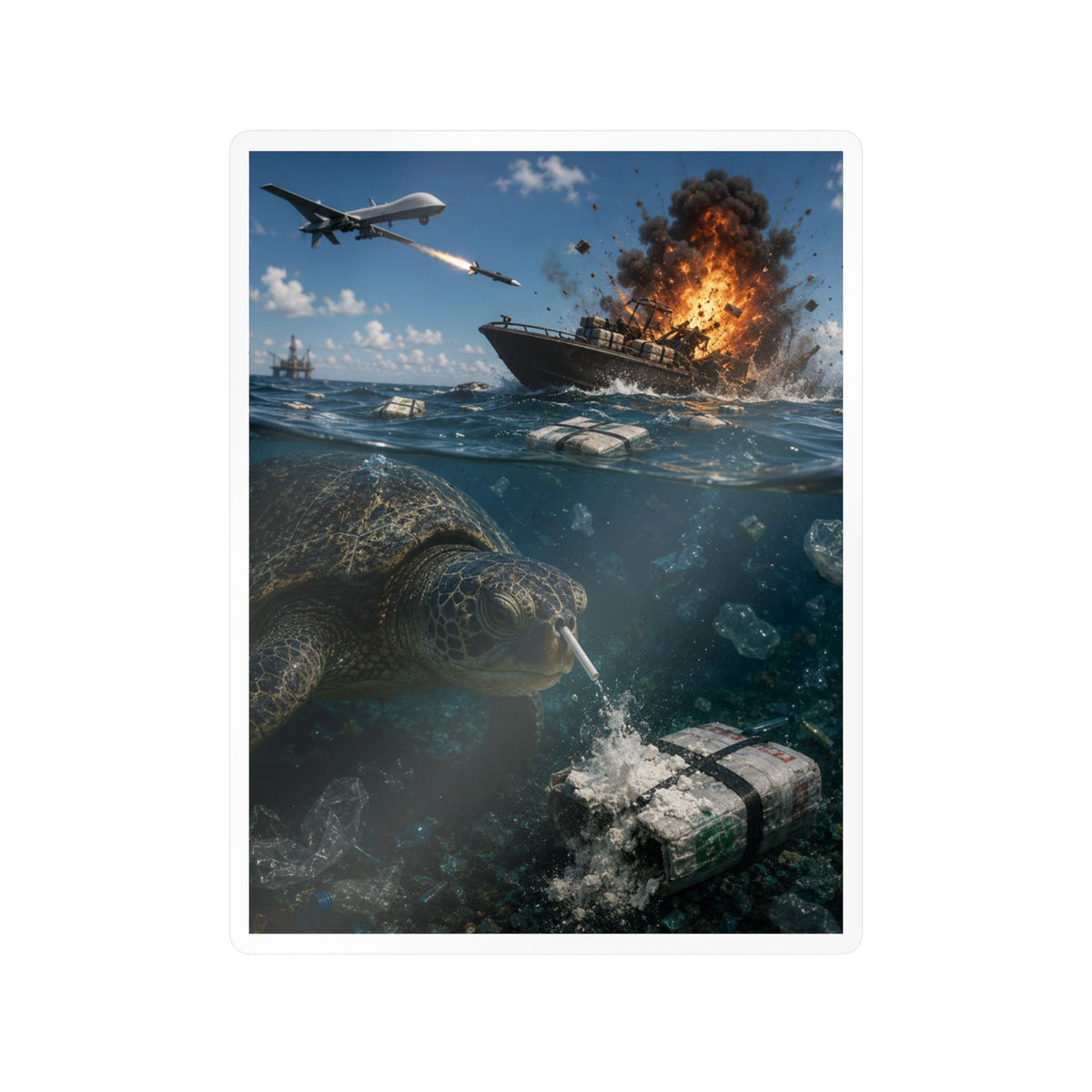 Sea Turtle & Ocean Warfare Vinyl Decal — "Silver Lining" Marine Conservation Sticker