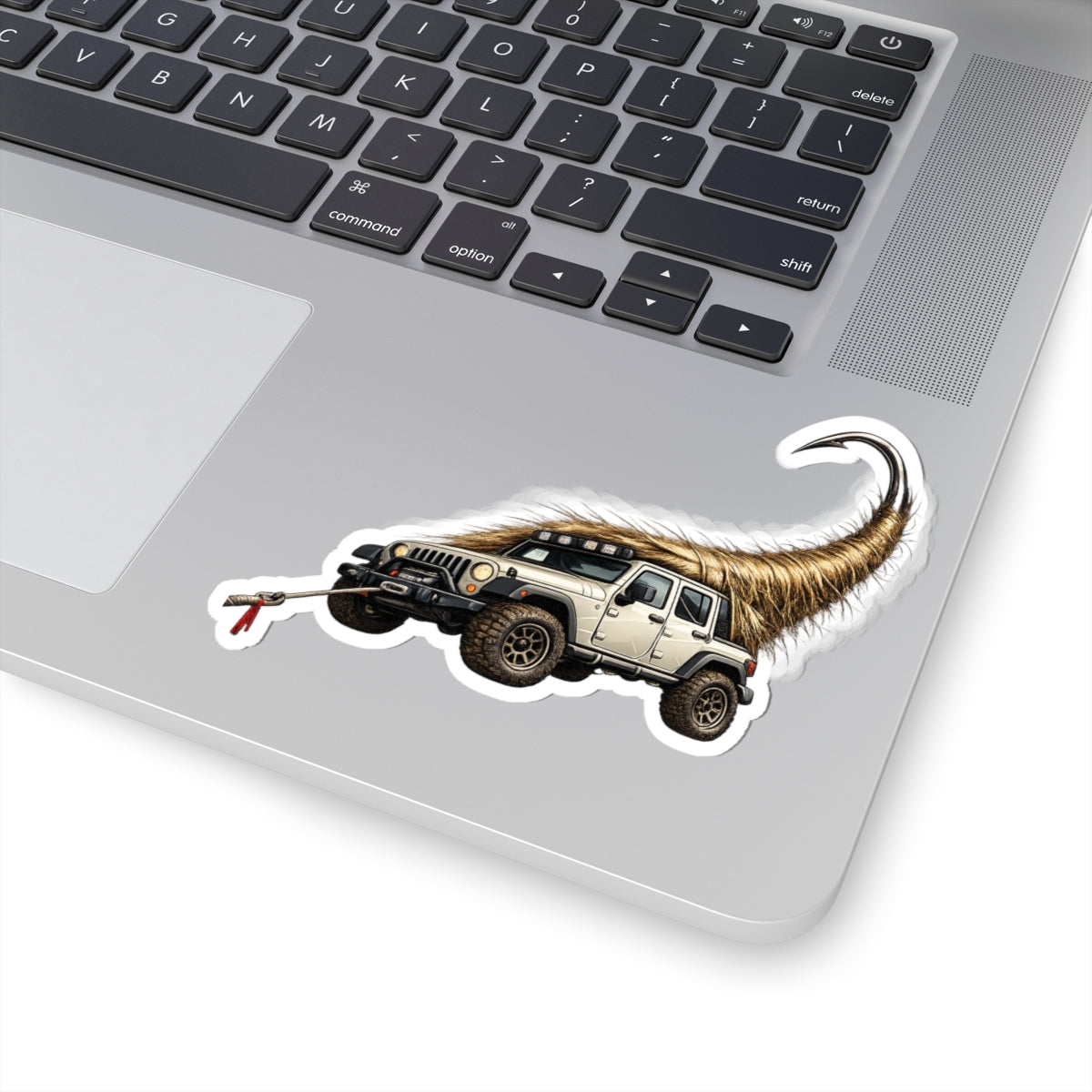 Jeep with Shaggy Tow Rope Sticker — Off‑Road Adventure Kiss-Cut Decal