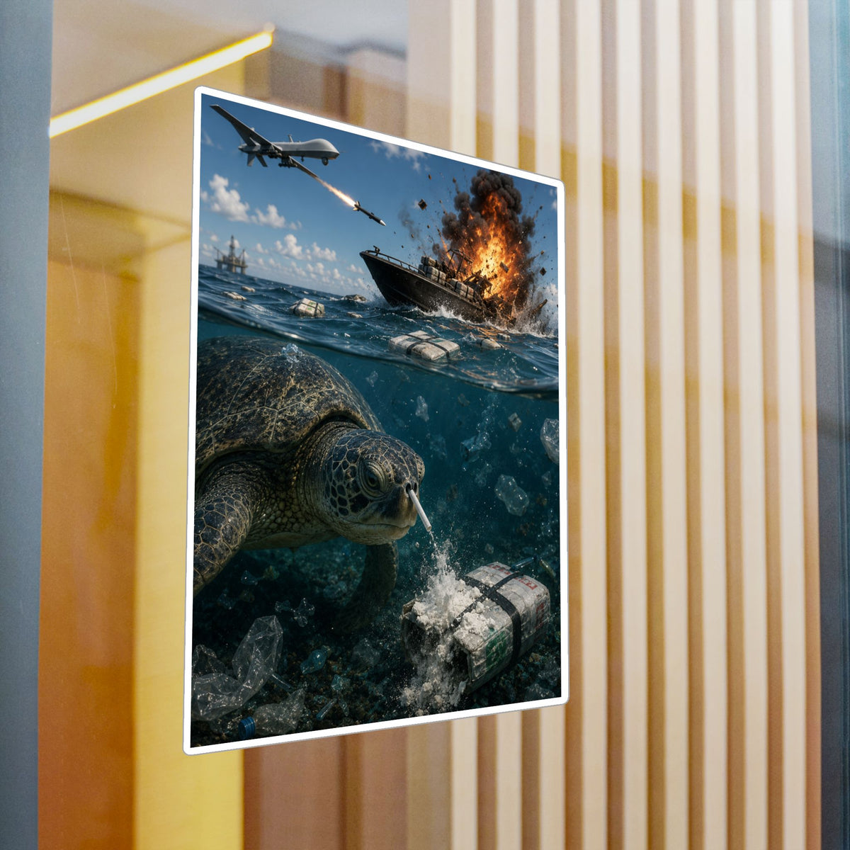 Sea Turtle & Ocean Warfare Vinyl Decal — "Silver Lining" Marine Conservation Sticker