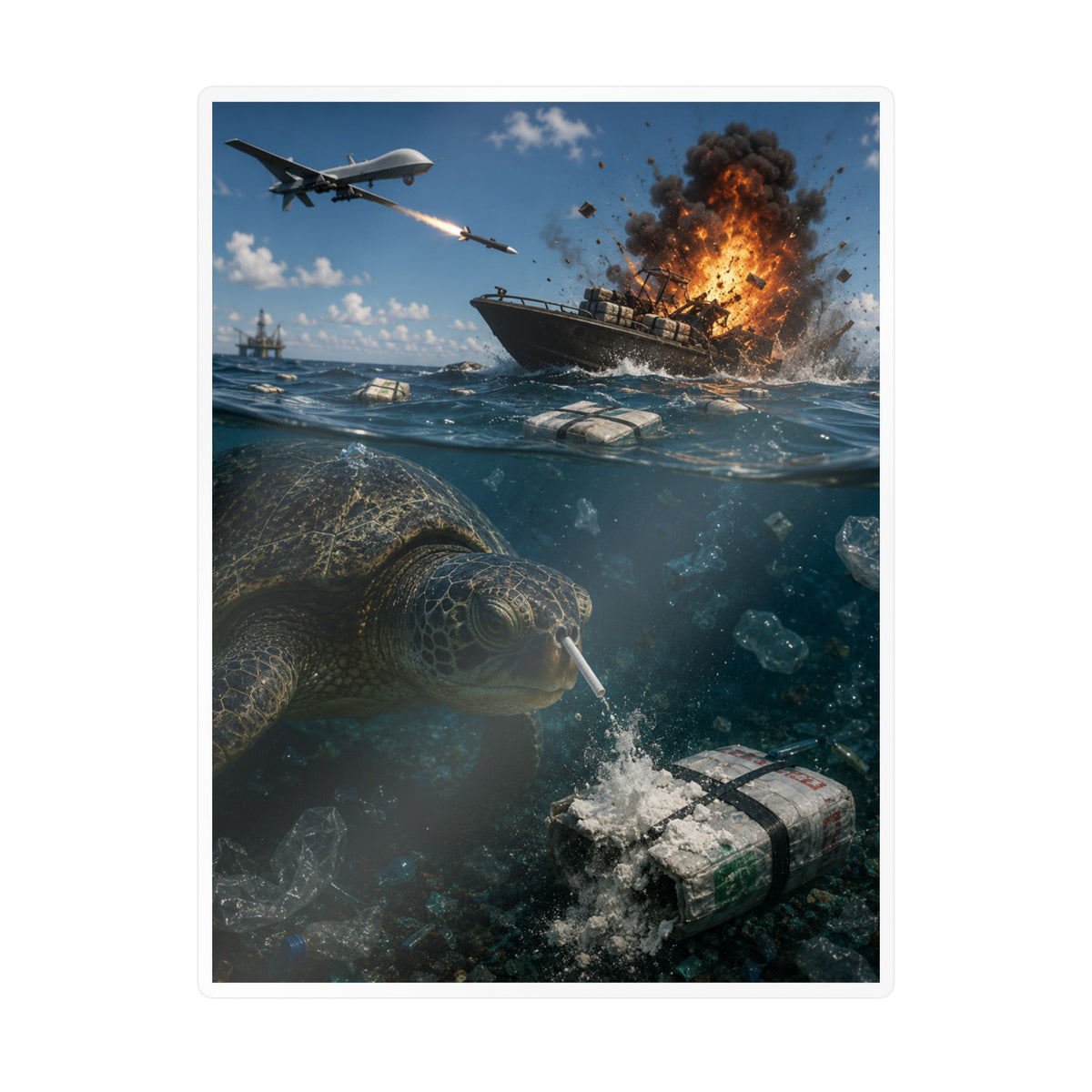 Sea Turtle & Ocean Warfare Vinyl Decal — "Silver Lining" Marine Conservation Sticker