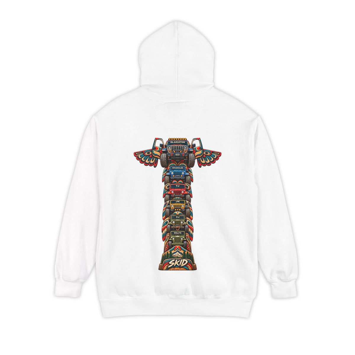 SKID "JEEP Lineage TOTEM" Graphic Hoodie — Pacific Northwest inspired Colorful Pattern Logo Sweatshirt