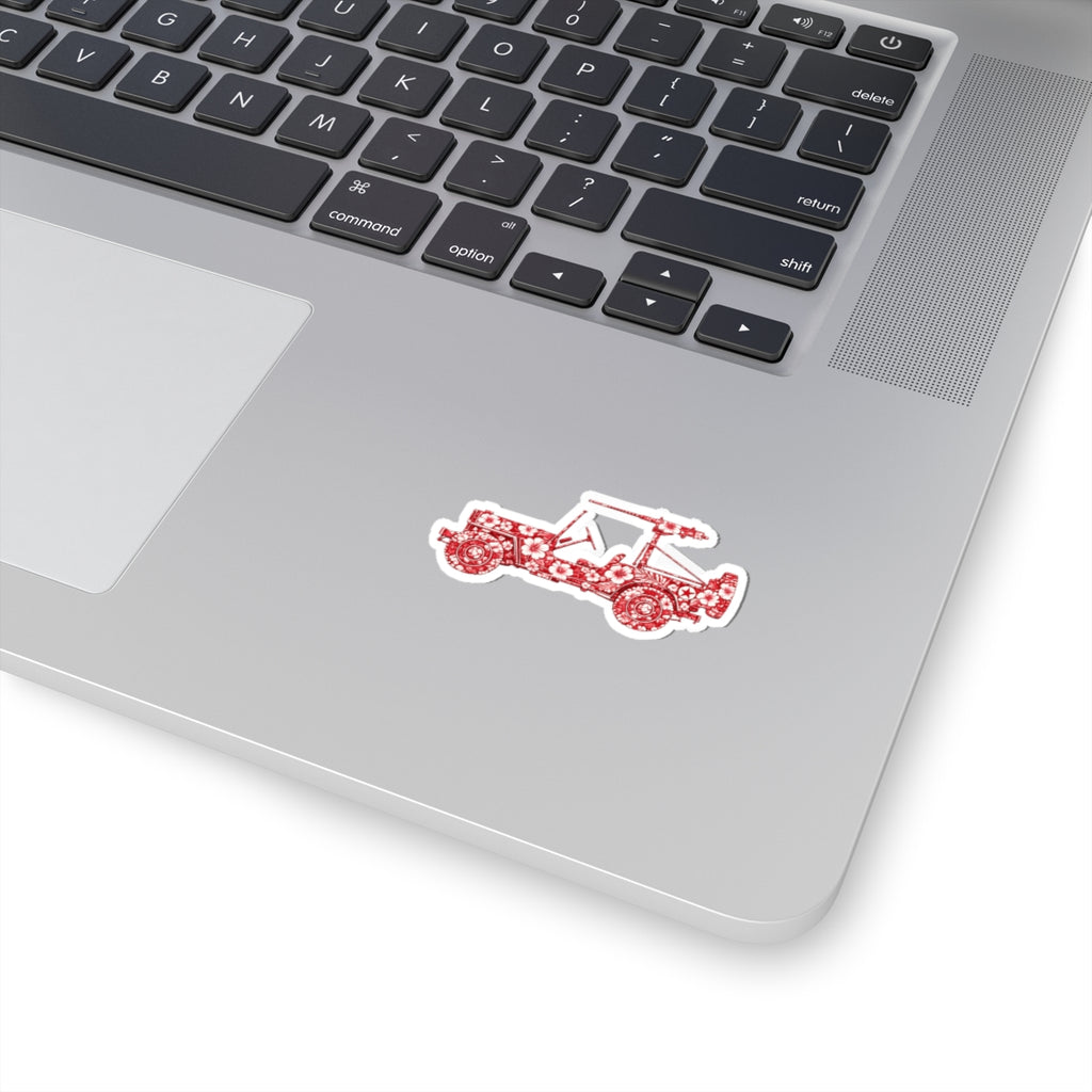 Floral Jeep Sticker — Red Vintage Jeep Kiss-Cut Decal for Laptops, Water Bottles & Notebooks